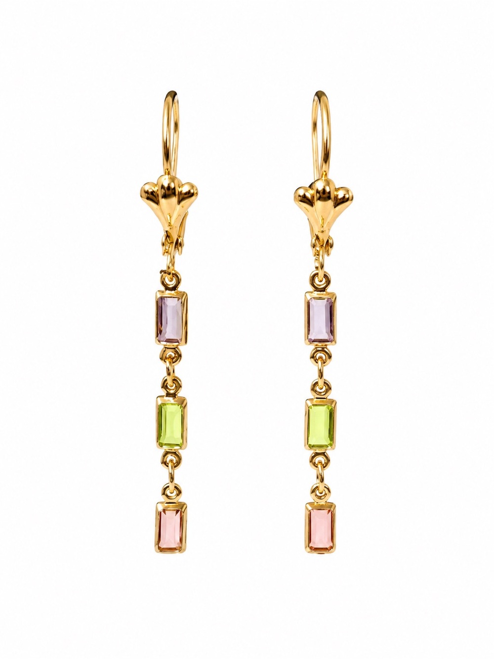 Gold Drop Earrings with Pink and Green Stones - Women Jewelry